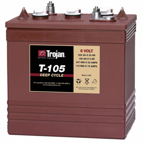 Trojan 6V battery, RE series. 225Ah / 20h capacity, T2 technology, "L" terminals